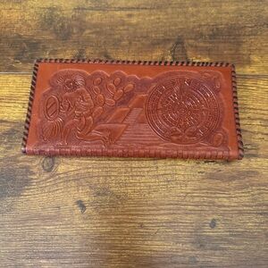 Hand Tooled Brown Leather Aztec Calendar Long‎ Wallet